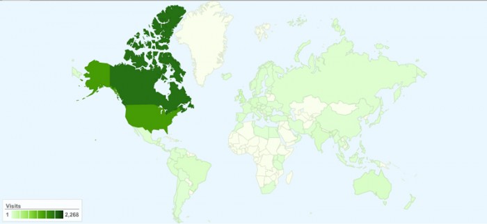 Map of the world displaying the locations of visitors to Biodiversity in Focus